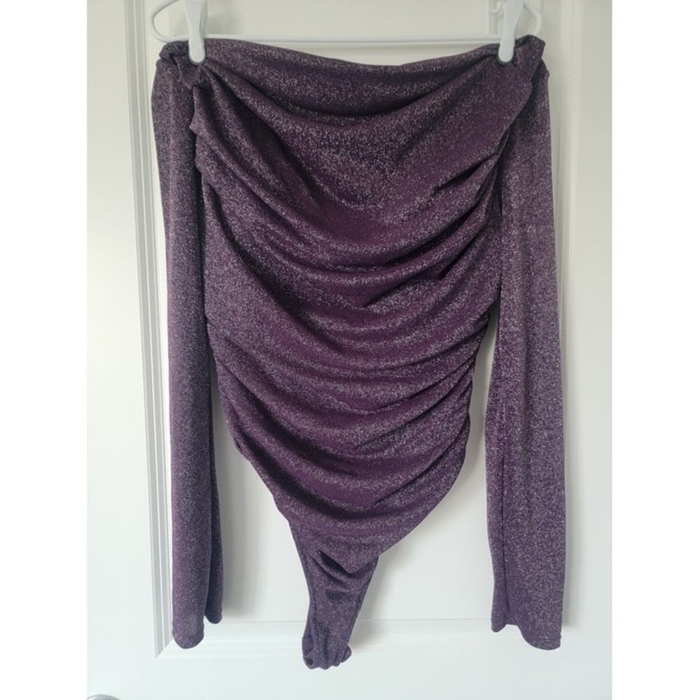 Popilush Purple Metallic Ruched Long-Sleeve Women's Off Shoulder Bodysuit